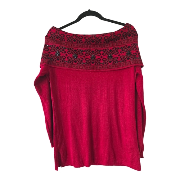 Sienna & Sage Womens Sweater Sz L Red Black Bejeweled Drapes Colorful - Picture 1 of 12